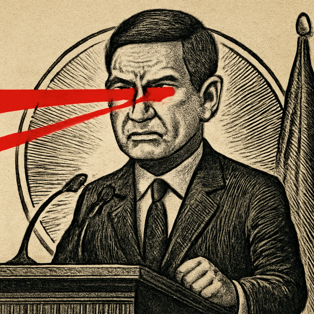 engraved caricature of the fed chairman at the podium, eyes glowing red, one fist clenched on the lectern
